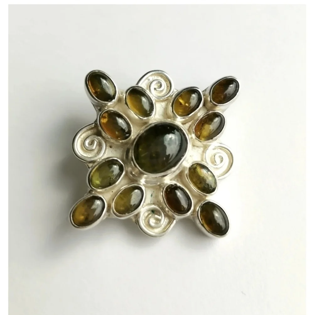 HANDMADE brooch sterling silver cabochon tourmaline